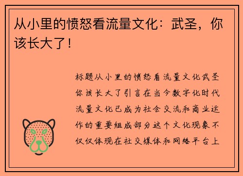 从小里的愤怒看流量文化:武圣,你该长大了!