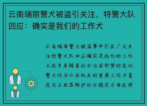 云南瑞丽警犬被盗引关注,特警大队回应:确实是我们的工作犬