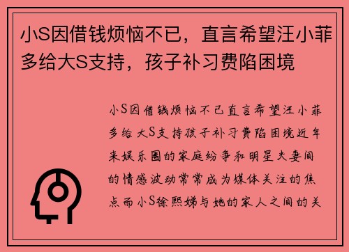 小S因借钱烦恼不已,直言希望汪小菲多给大S支持,孩子补习费陷困境