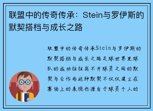 联盟中的传奇传承：Stein与罗伊斯的默契搭档与成长之路