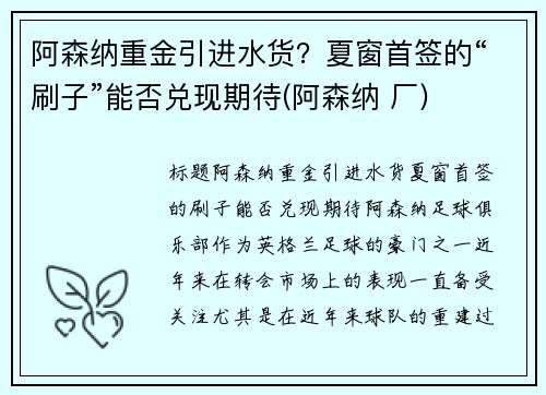 阿森纳重金引进水货？夏窗首签的“刷子”能否兑现期待(阿森纳 厂)