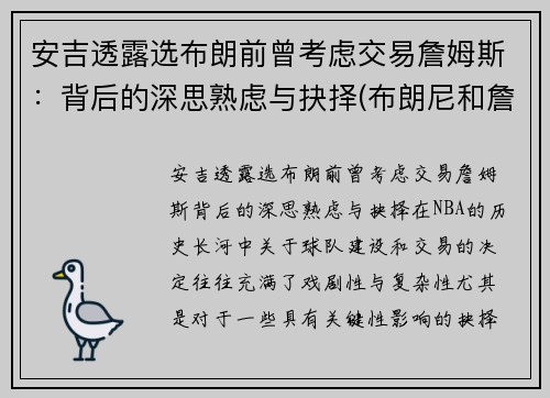 安吉透露选布朗前曾考虑交易詹姆斯：背后的深思熟虑与抉择(布朗尼和詹姆斯是什么关系)