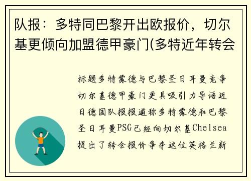 队报:多特同巴黎开出欧报价,切尔基更倾向加盟德甲豪门(多特近年转会)