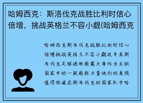 哈姆西克：斯洛伐克战胜比利时信心倍增，挑战英格兰不容小觑(哈姆西克简介)