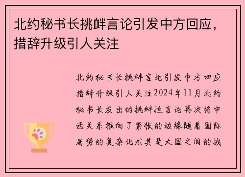 北约秘书长挑衅言论引发中方回应，措辞升级引人关注