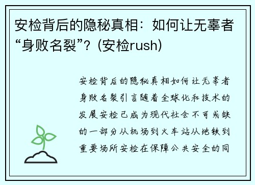 安检背后的隐秘真相：如何让无辜者“身败名裂”？(安检rush)