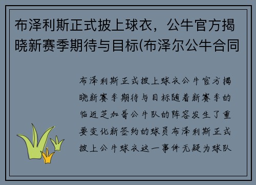 布泽利斯正式披上球衣，公牛官方揭晓新赛季期待与目标(布泽尔公牛合同)