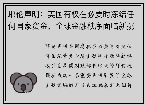 耶伦声明：美国有权在必要时冻结任何国家资金，全球金融秩序面临新挑战